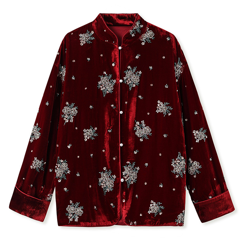 Áo sơ mi nữ lụa tơ tằm cổ đứng cài khuy kiểu cardigan thêu hoa — Dương Tây Đỏ (Giao Hàng Ngay)