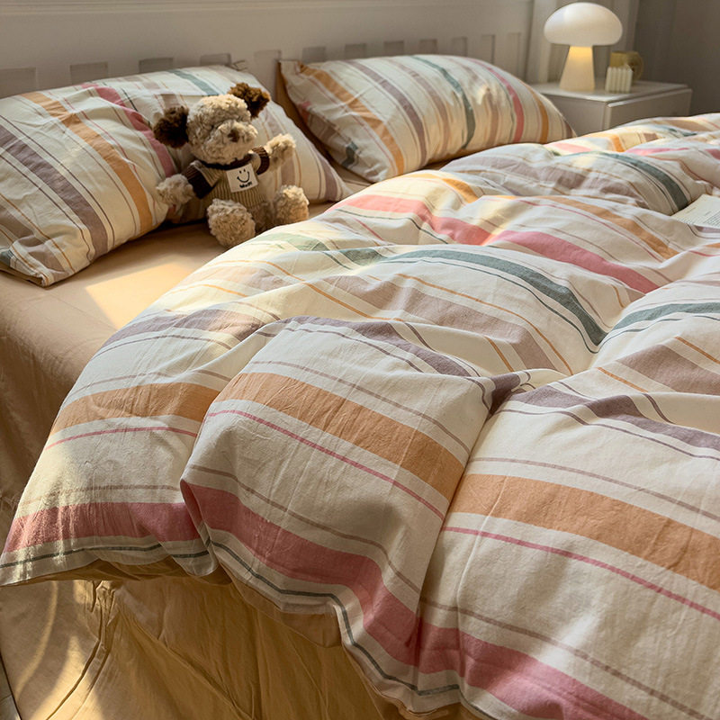 New Washed Cotton Bed Four-Piece Set, Simple Striped Quilt Cover, Bed Sheets, Three-Piece Set, Four-Piece Fitted Sheets Set, Manufacturer Wholesale