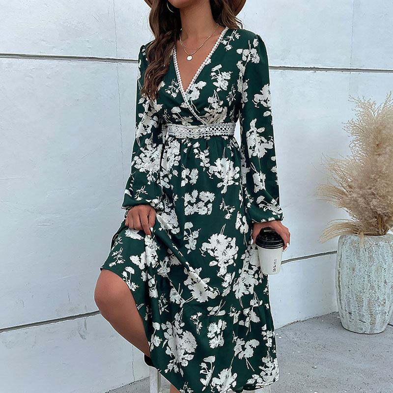 High End Womens Dress Green Floral Print V Neck Long Sleeve Spring Fall Fashion Wholesale Available