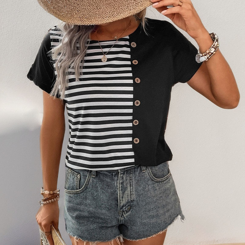 Summer Womens Striped Color Block T Shirt Short Sleeve Casual Style Lightweight Fabric Wholesale Available