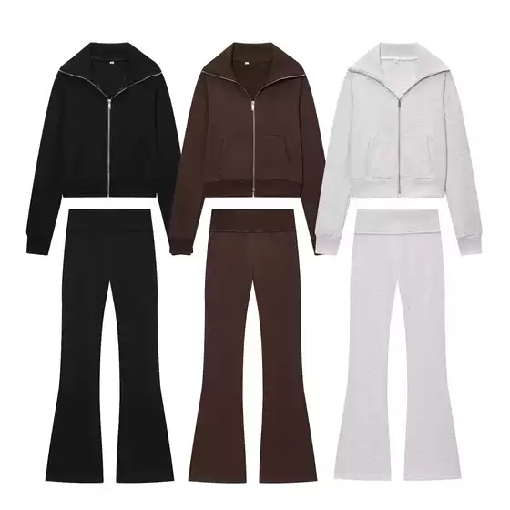 Pb&Za Cross-Border Supply 2025 Winter New European and American Style Lapel Long-Sleeved Zipper Fleece Jacket Mid-Waist Pants