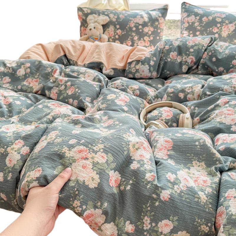 Ins Style a Category Mother and Baby Knitted Cotton Double-Layer Yarn Four-Piece Set of Fitted Bed Sheets Student Dormitory Quilt Cover Bed Bed Sheets Three-Piece Set