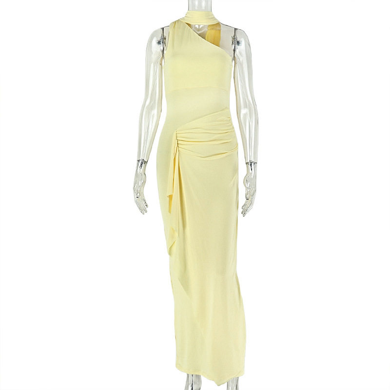 Fashionable Womens Bodycon Dress Ruffled Slim Fit Sleeveless Asymmetrical Neckline Casual or Evening Wear OEM