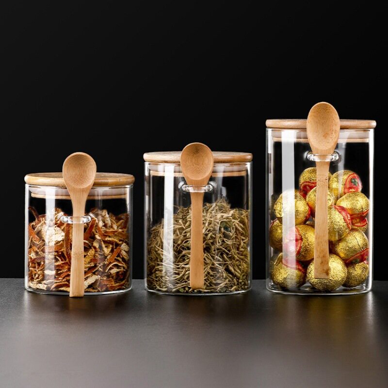 High borosilicate round glass sealed jar seasoning box storage jar coffee beans kitchen supplies storage jar with wooden spoon