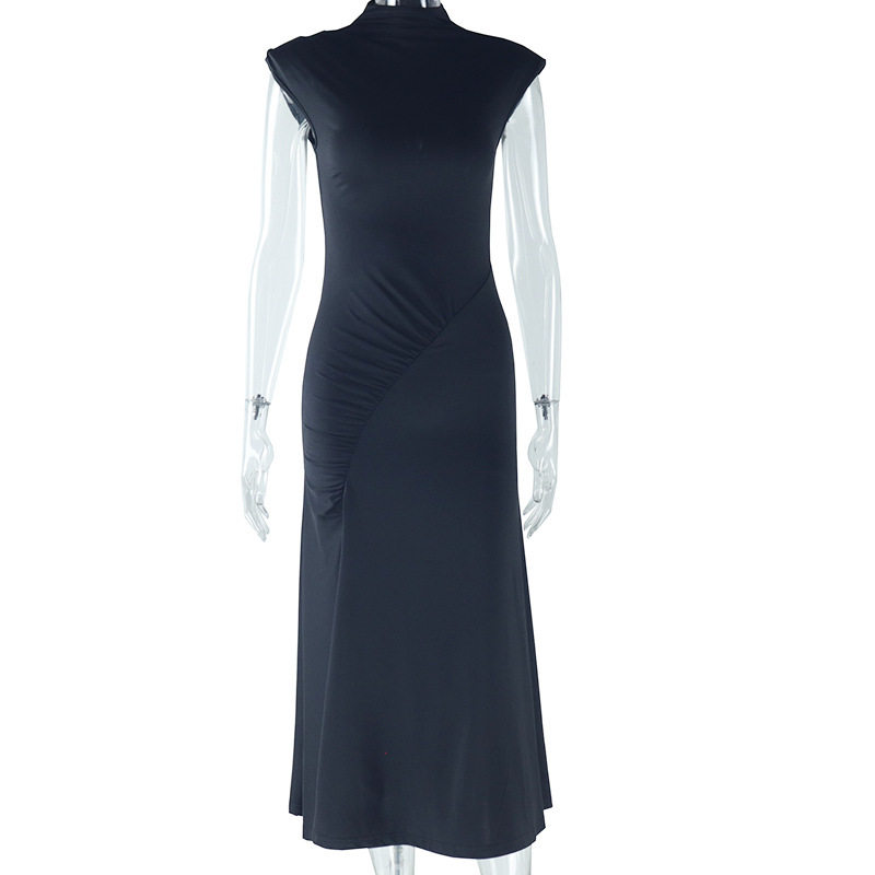 Womens Elegant Solid Color Sleeveless Dress Round Neck Irregular Hem Chic Style Perfect for Casual or Formal