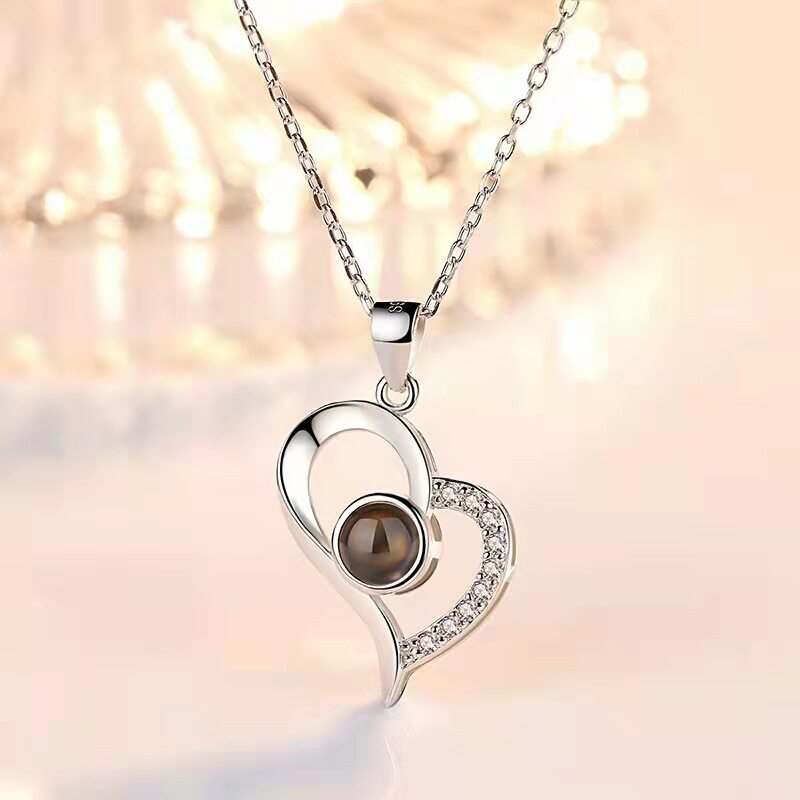 S925 sterling silver 100 languages I love you projection necklace women hollow love simple necklace memory clavicle chain