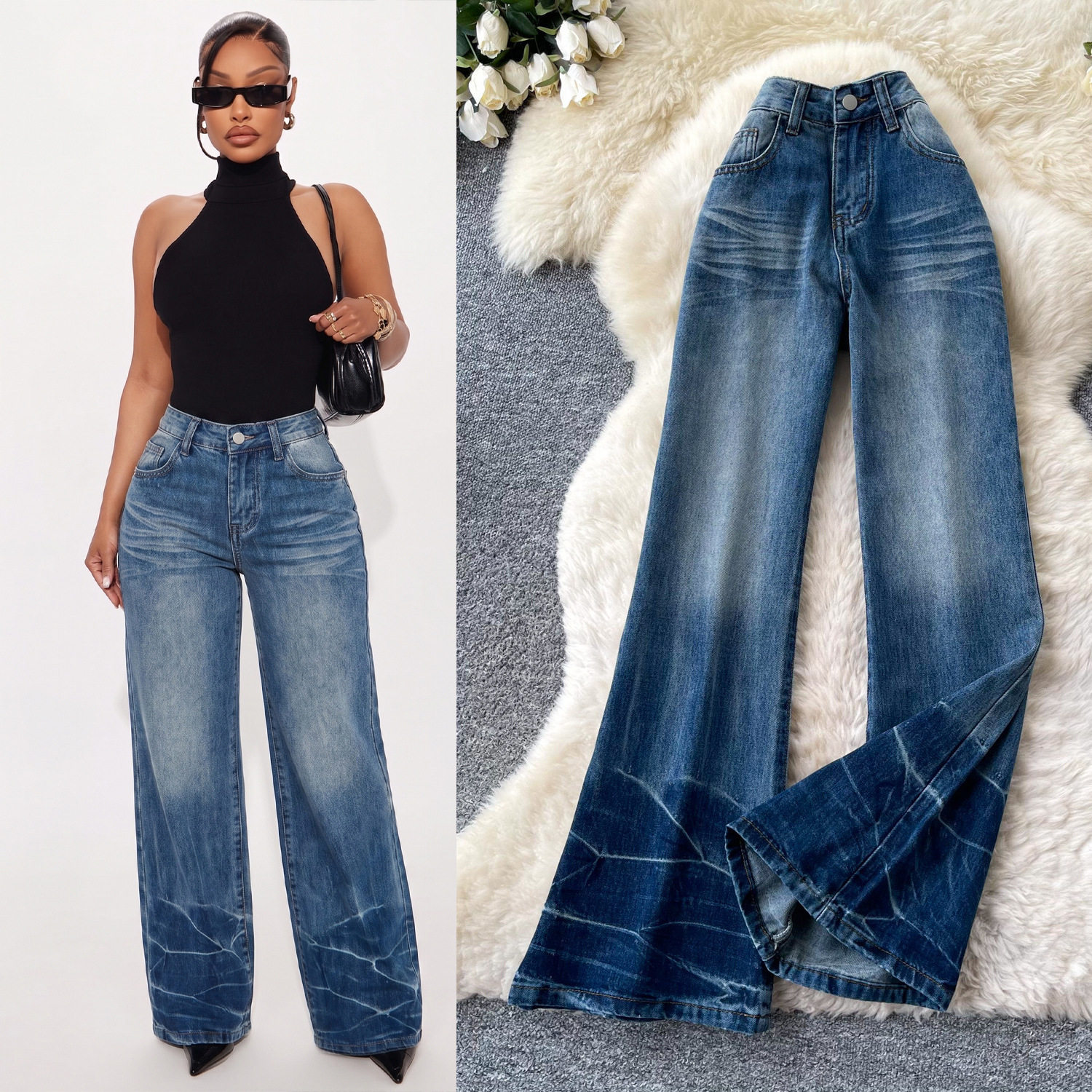 High Waisted Wide Leg Jeans for Women Vintage American Style Loose Fit Flared Hem Summer Fashion Wholesale Available