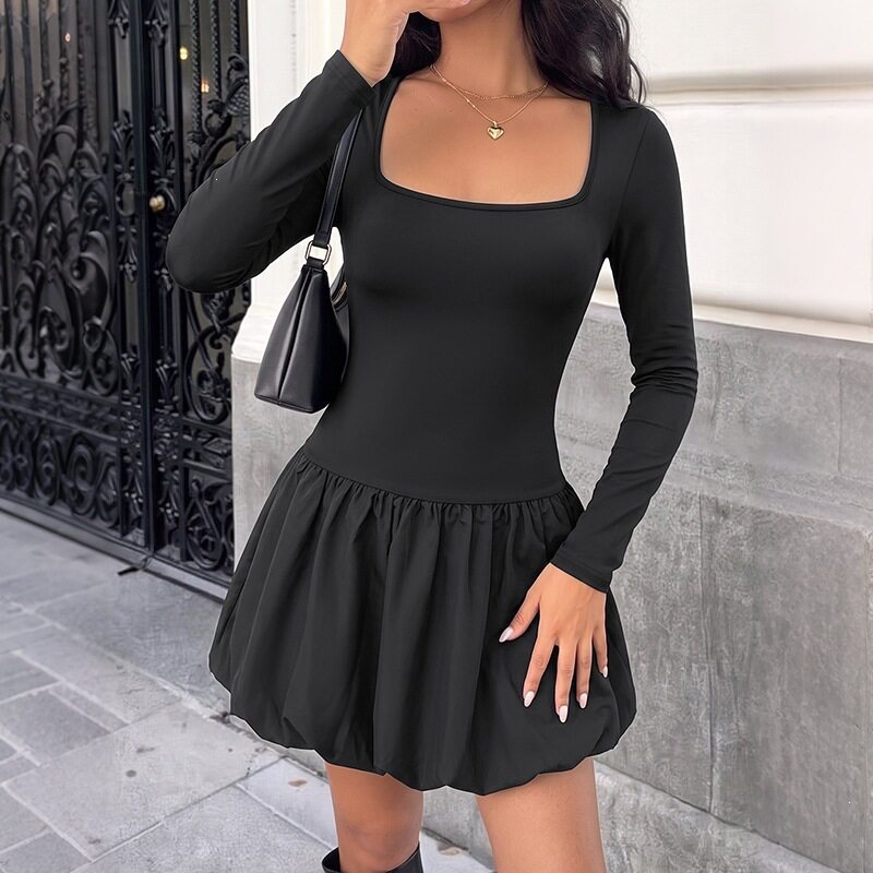 Casual Black Puff Sleeve Mini Dress Square Neck Floral Design Comfortable Fit Perfect for Spring Summer Wholesale
