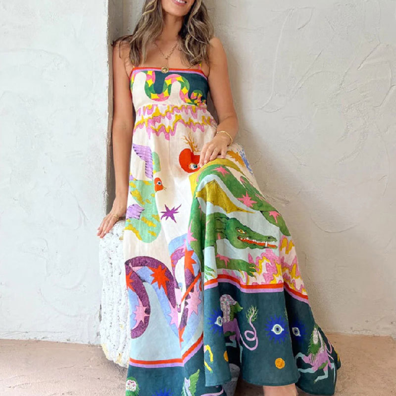 Loose Fit Art Print Off Shoulder High Waist Maxi Dress Spring Collection for Women Stylish Casual Wear Wholesale