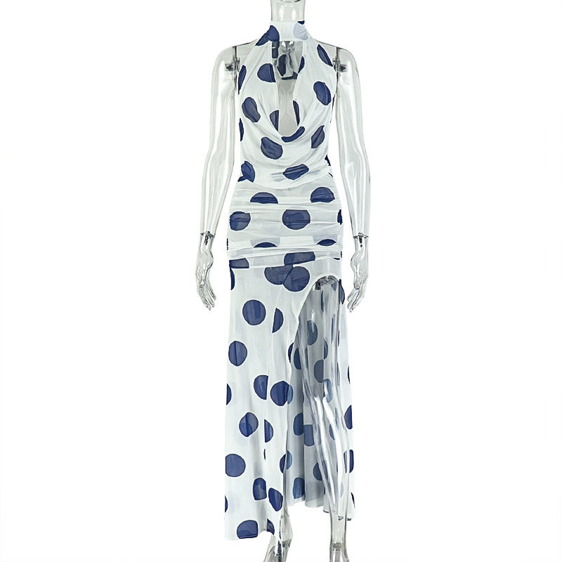 Fashionable Womens Irregular Hem Dress Floral Print Polka Dots Backless Tie Detail Casual or Evening Wear