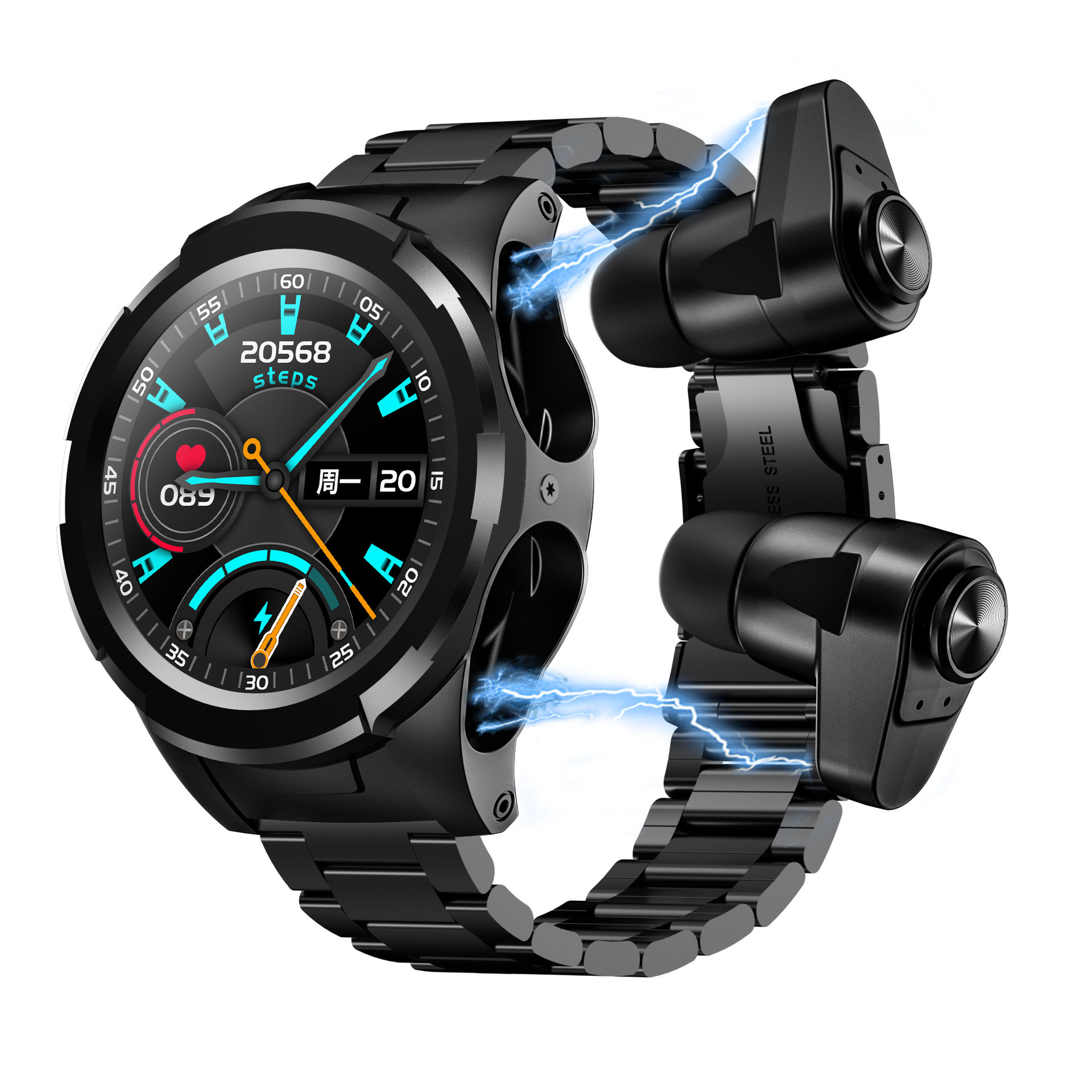 F6TWS Headset 2-in -1 Game Headset Sound Quality 180 Degree Dial Rotating Heart Rate Monitoring Sports Watch