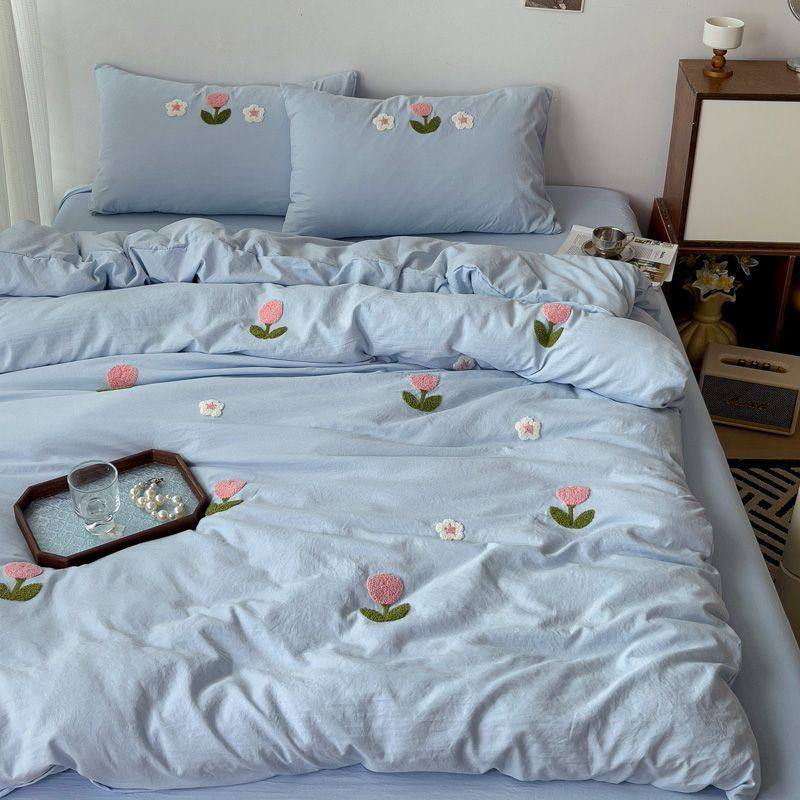 Ins Small Fresh Green Tulip Fragrance Washed Cotton Four-Piece Towel Embroidered Quilt Cover Dormitory Bed Bed Sheets Three-Piece Set