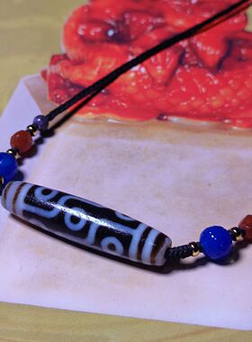 西藏黑白风化9眼天珠S925蓝玛瑙雕刻件手工编织女士短项链锁骨链