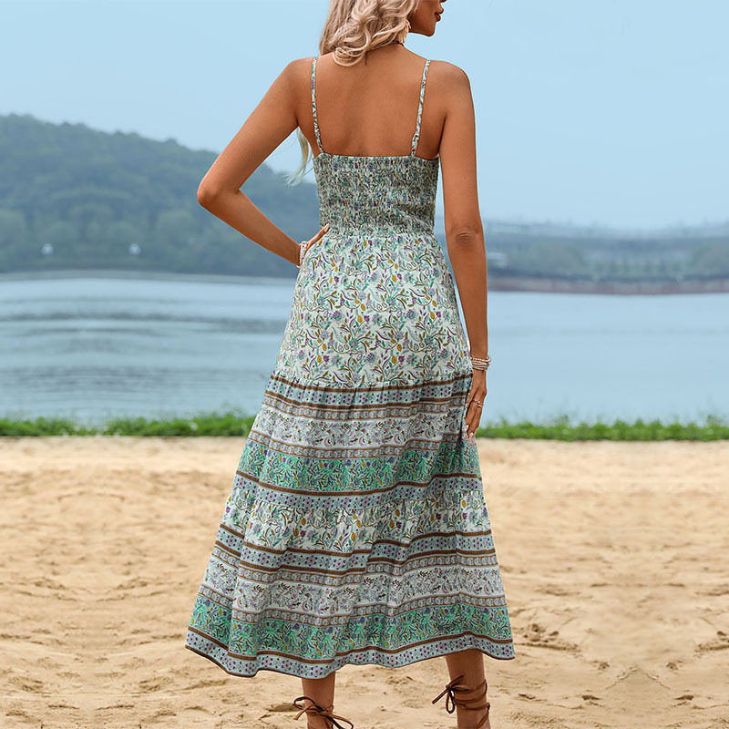Vintage Floral Print Maxi Dress Sleeveless Bohemian Style Ideal for Travel and Vacation Wholesale Available