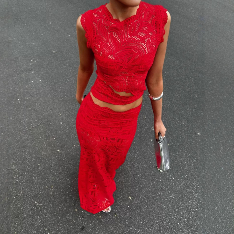 Red Lace Sleeveless Top and Mermaid Skirt Set Sexy Design Irregular Hem Elegant Style Perfect for Parties and Events