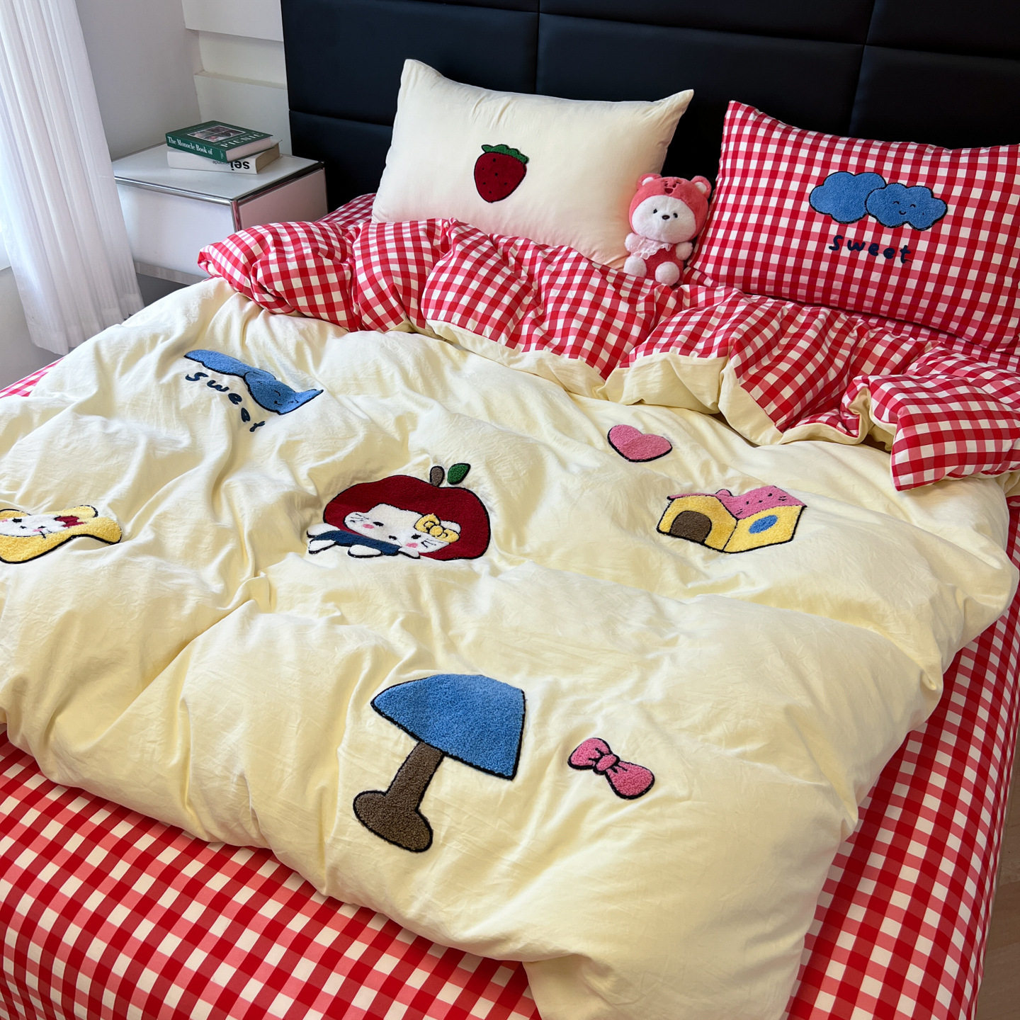 Category a Maternal and Infant Grade Naked Sleeping Pure Washed Cotton Towel Embroidered Four-Piece Set Ins Cartoon Style Cotton Student Dormitory Three-Piece Set