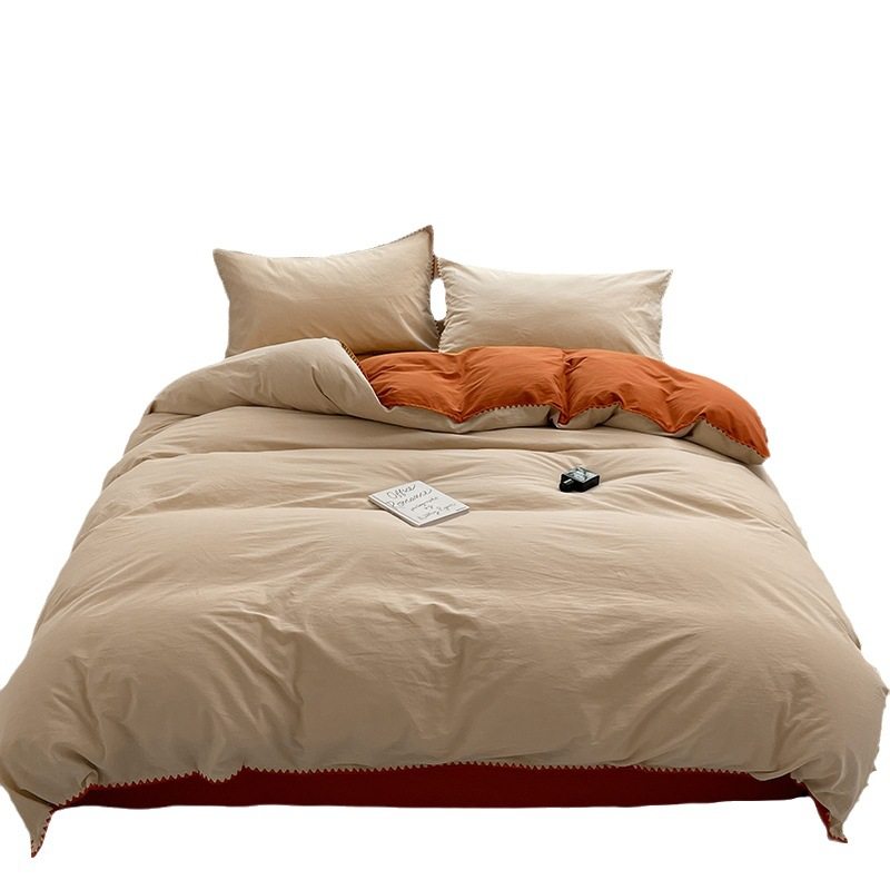 ins Style Double Stripe Washed Cotton Bed Four-piece Set Solid Color Scrub Bed Sheet Quilt Cover Student Three -4-piece Set