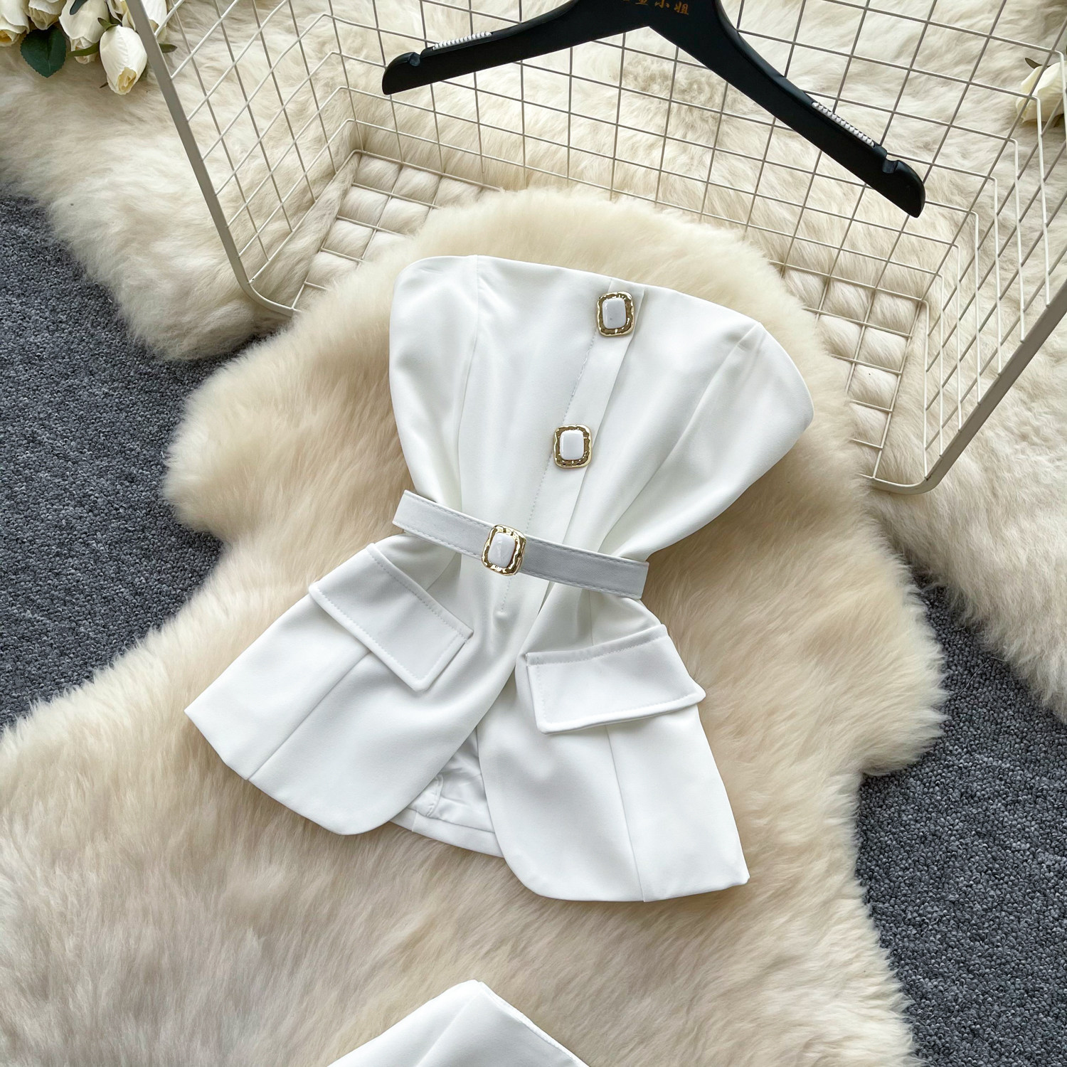 Elegant White Strapless Crop Top and Fitted Midi Skirt Set Summer Office Wear Slimming Chic Style Wholesale Available