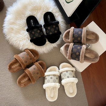 Trendy Letter Plush Slippers for Women, 2025 Autumn/Winter New Style, Leather Single Strap Plush Home Cotton Slippers