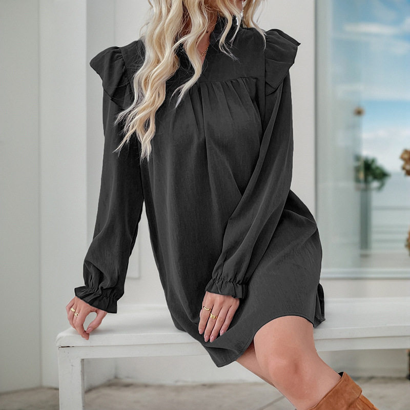 Long Sleeve Ruffle Hem Dress Loose Fit Solid Color Stand Collar Casual Wear Spring Fall Wholesale Available