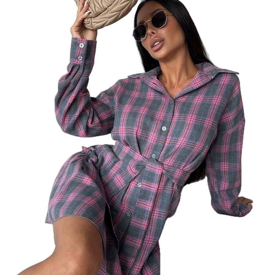 Plaid Two Piece Set Loose Fit Shirt with Lapel Waist Tie Flared Skirt Casual Fashion for Women Wholesale Available