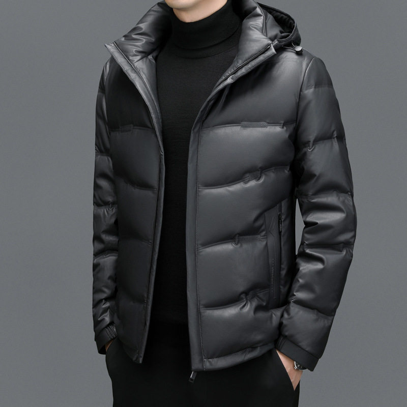 Haining men's sheepskin mid-length hooded white duck down casual down jacket warm real leather jacket winter