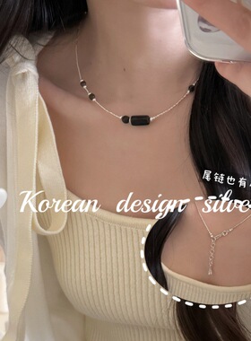 韩版小众设计简约饰品 925纯银天然沉香手工锤纹切面竹节珠珠项链