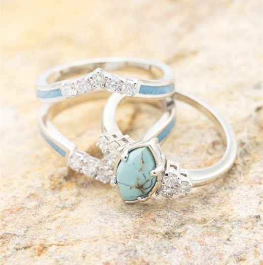 Wish New Jewelry European and American Cross-Border Creative Turquoise Diamond-Encrusted Three-Piece Set Women's Ring Ins Jewelry