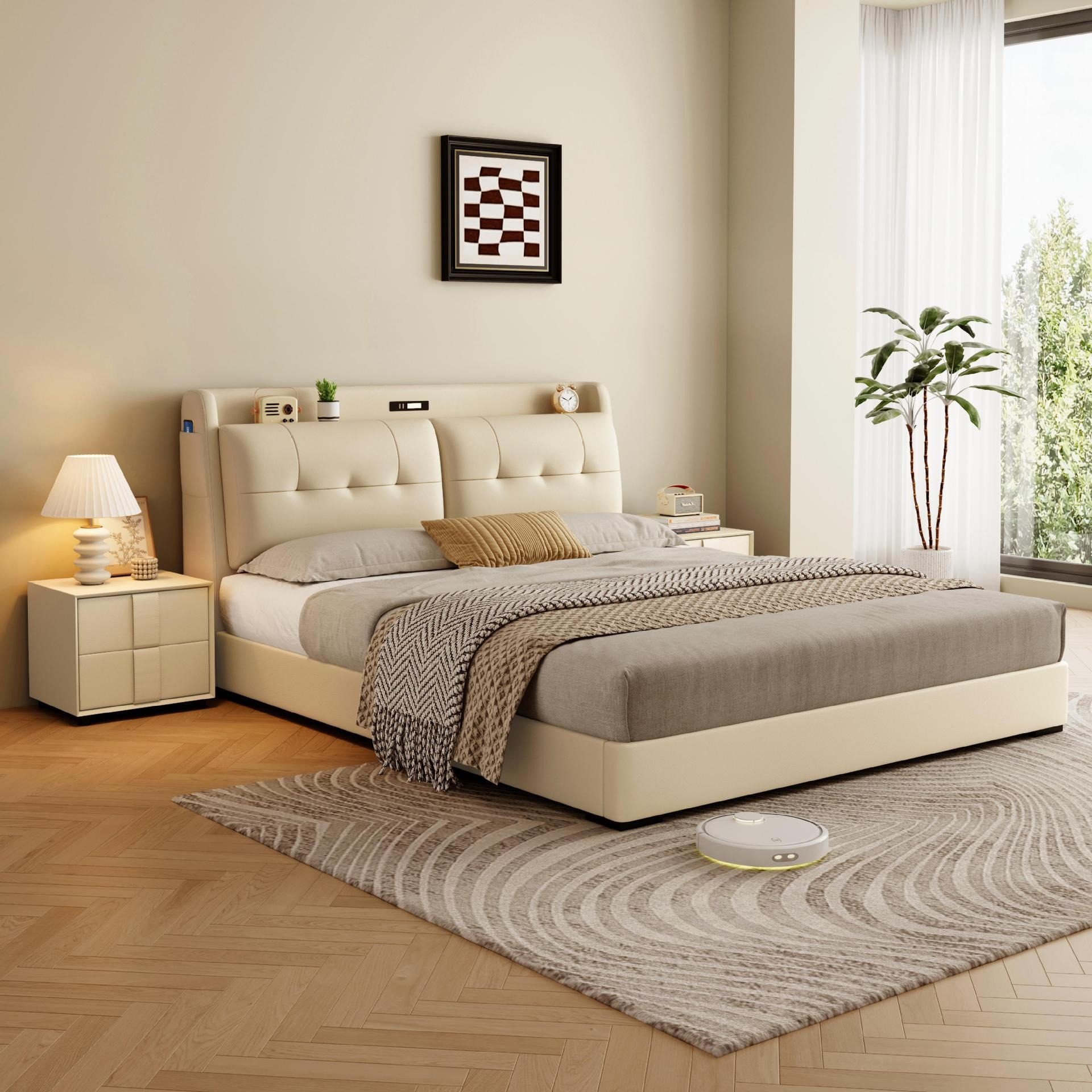 Modern Simple Leather Bed 1.8m Double Master Bedroom Bed 1.5m Single Bedroom Bed Storage High Box Bed Leather Art Bed