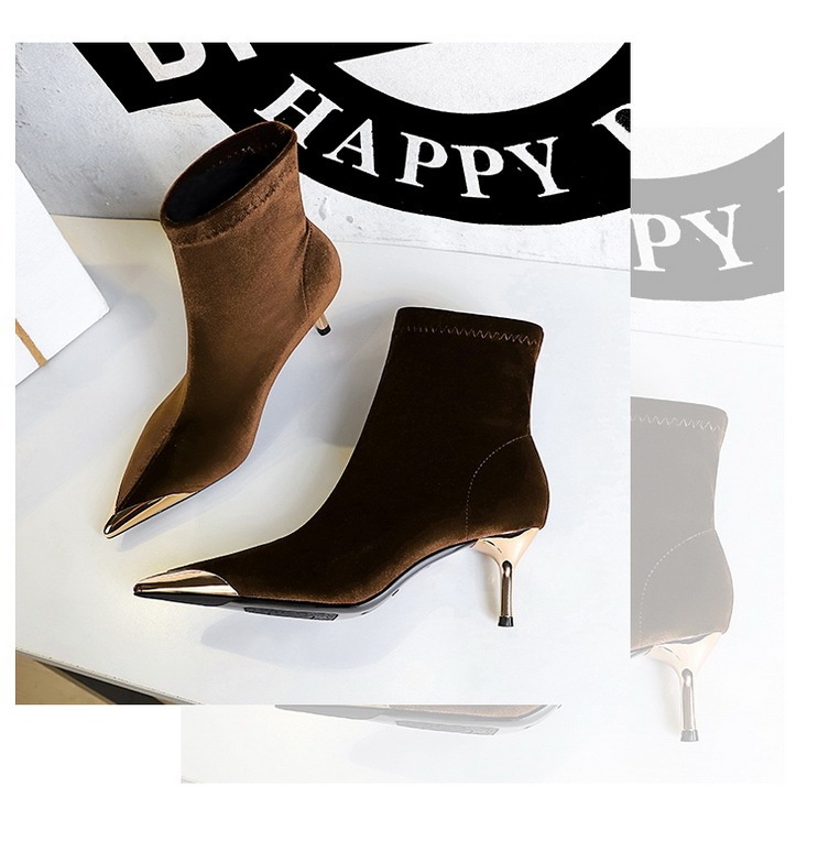 Boot nữ cổ thấp mũi nhọn nhung nhung gót vừa phong cách thanh lịch — 319-10 đen 8cm, 319-A10 đen 5cm, 319-A10 Màu nâu sẫm 5cm, Màu nâu sẫm 319-10 8cm