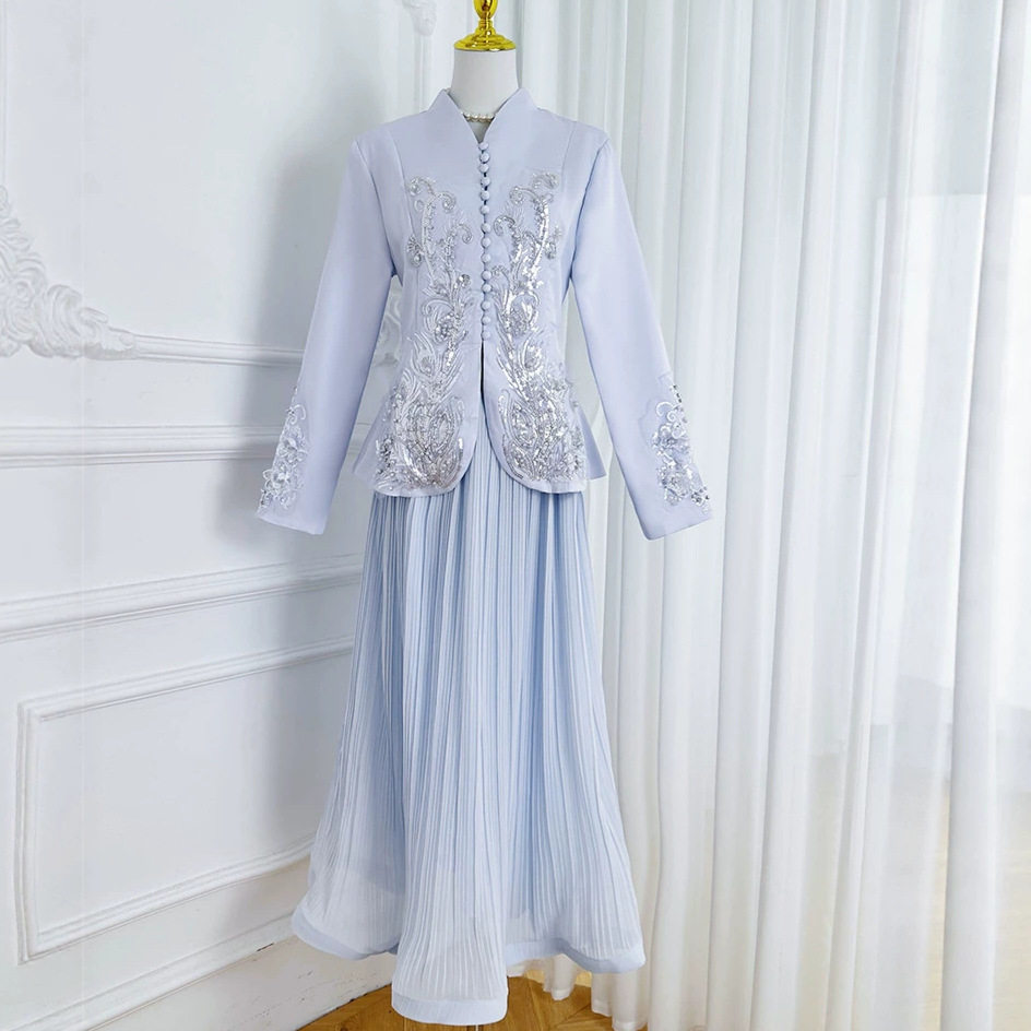 French Style V Neck Embroidered Jacket with High Waisted Pleated Skirt Elegant Lightweight Two Piece Set for Spring and