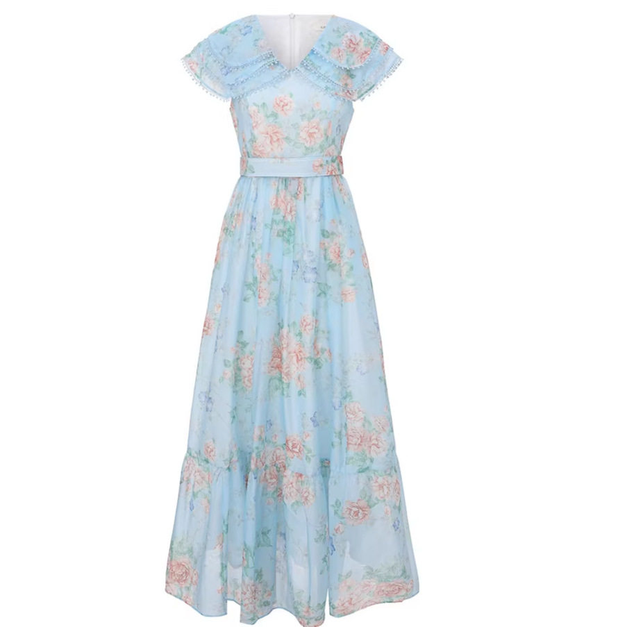 Vintage Floral Print Doll Collar Dress for Women Sweet Double Layer Lace Trim Ruffled Hem Waist Defined Spring and