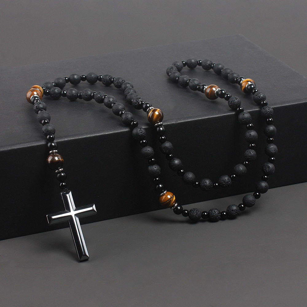 Cross-border Amazon Same-style Natural Stone Black Volcanic Rock Yellow Tiger Eye Iron Stone Cross Religious Men's Necklace