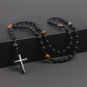Cross-border Amazon Same-style Natural Stone Black Volcanic Rock Yellow Tiger Eye Iron Stone Cross Religious Men's Necklace