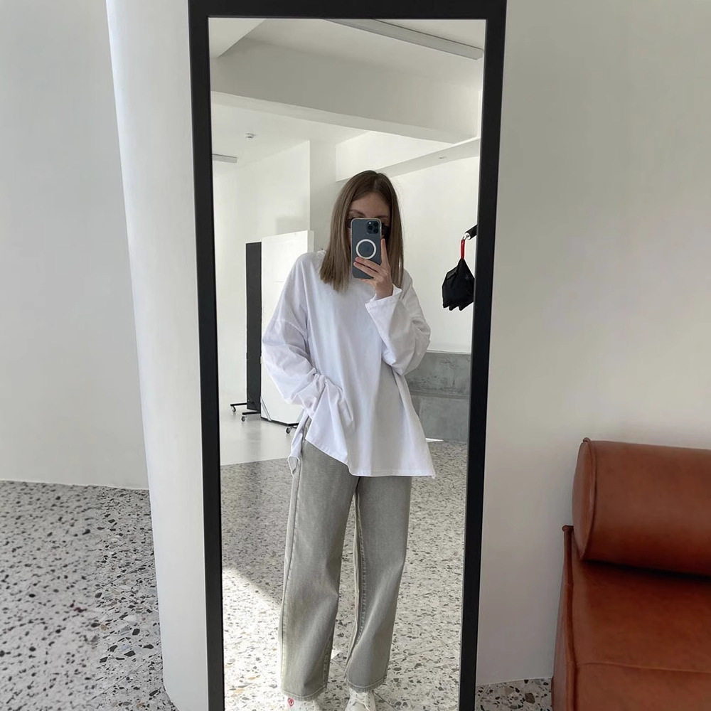 Loose Fit Long Sleeve Split T Shirt for Women 100 Cotton Solid Color Casual Style Spring Summer Collection