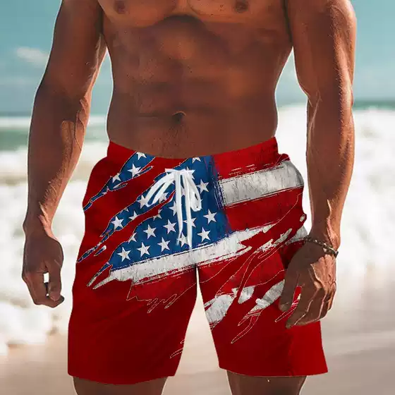 2025 New Amazon Cross-Border Independence Day 3D Printed Casual Breathable Men's Beach Pants Breathable and Comfortable