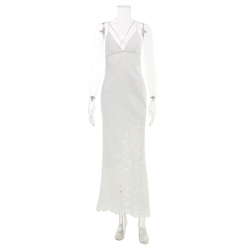 Elegant French Style Lace Trimmed V Neck Cami Dress Hollow Out Sexy Back Adjustable Straps Evening Gown for Special