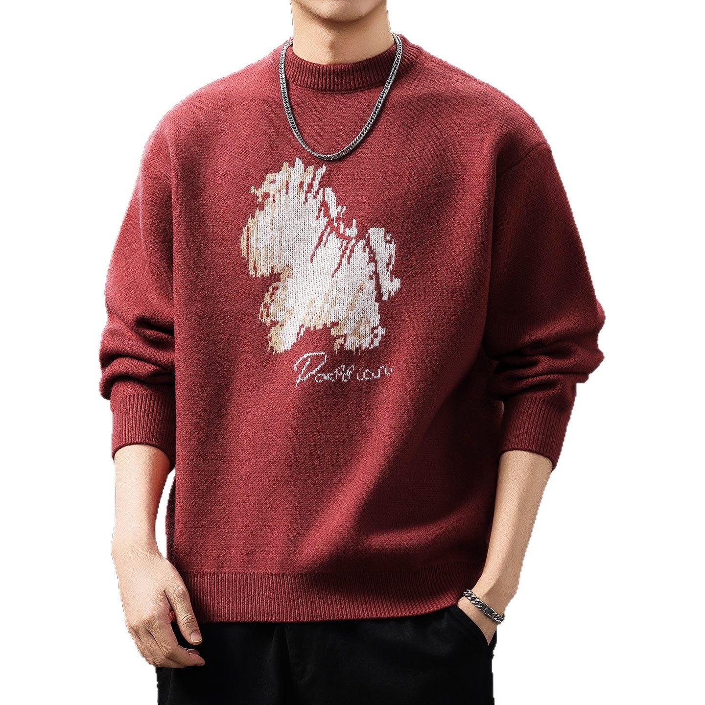 高端抽象印花700g重磅毛衣男秋季复古日系慵懒风宽松套头针织线衣,淘宝优惠券,粉丝福利购,淘宝优惠卷