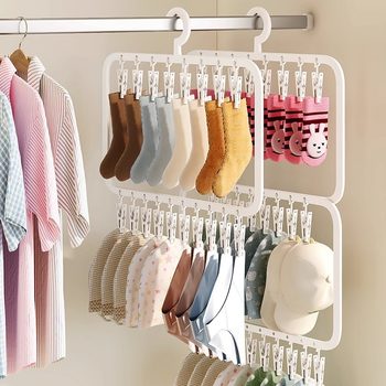 Plastic Sock Drying Rack with Multiple Clips, Children's Clothes Hanger, Home Wardrobe Storage, Balcony Drying Tool, Multi-Layer and Multi-Functional