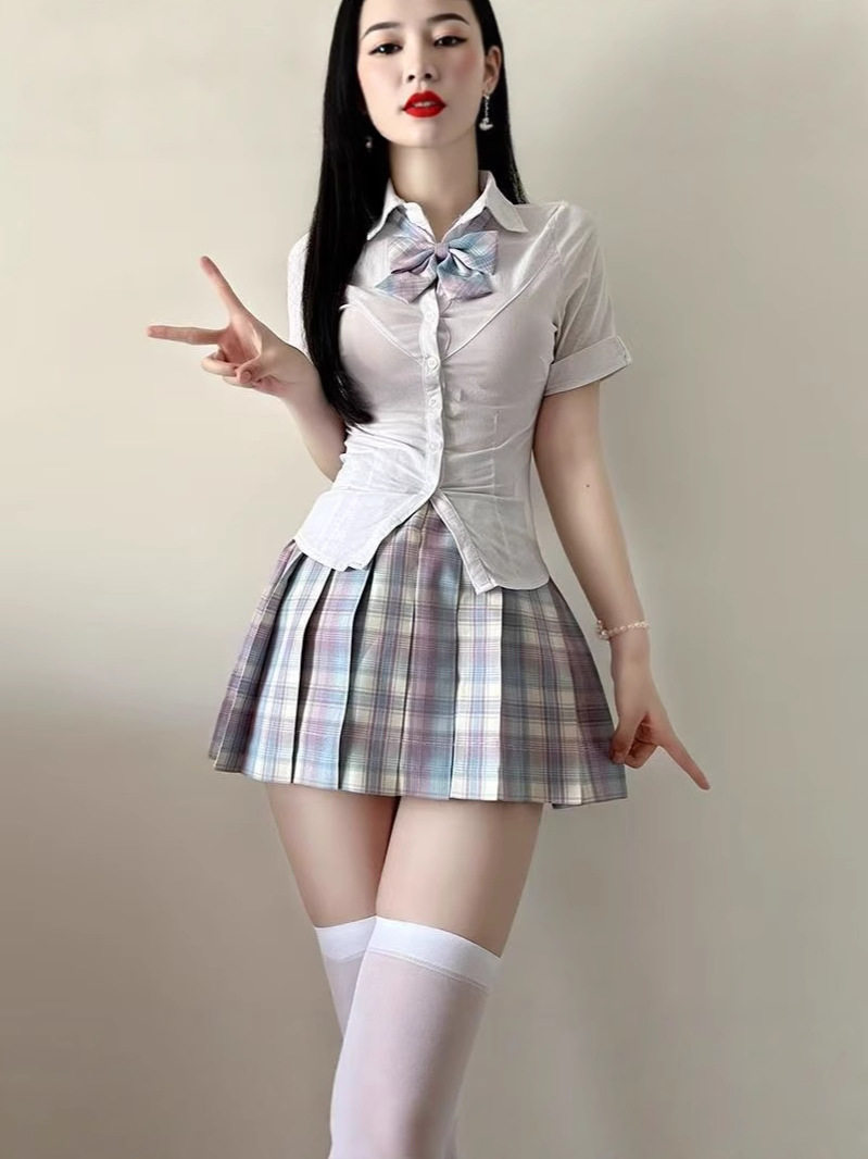 Suit Jk Uniform Shirt Waist Slimming Look Two-Piece Pleated Skirt Preppy Style Puff Sleeve Pure Lust Style Skirt
