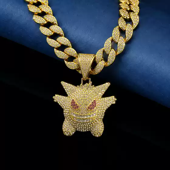Hip Hop Full Diamond Cuban Necklace hiphop Pokemon Elf Anime Pokemon Pokemon Geng Ghost Alloy Pendant
