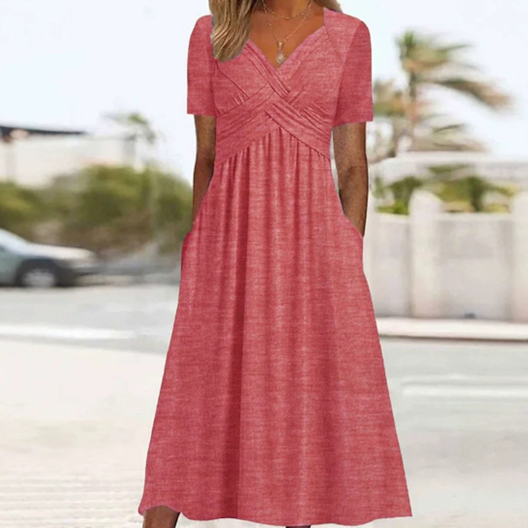 Summer Casual Solid Color V Neck Short Sleeve Pocket Dress for Women Trendy Comfortable Versatile Wholesale Available
