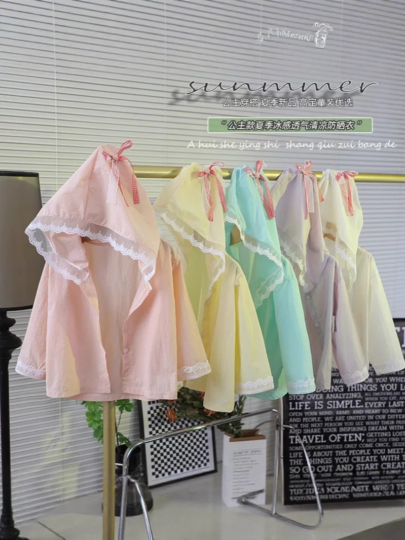 Girls' Summer Sunscreen Jacket, New Style, Lightweight Breathable Sun-Protective Coat with Lace Bow & Hood