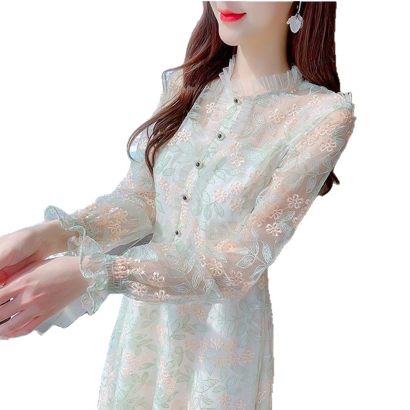 French Style Long Sleeve Midi Dress for Women Ruffle Hem Sheer Fabric Elegant Design Perfect for Spring and Autumn