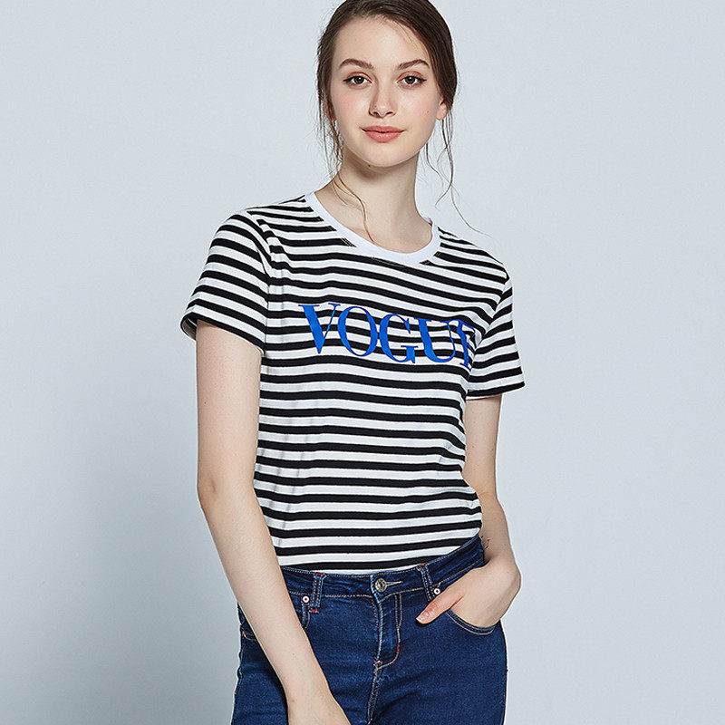 Womens Cotton Short Sleeve T Shirt Floral Stripe Print Soft Loose Fit Spring Summer Fashion Top Wholesale Available
