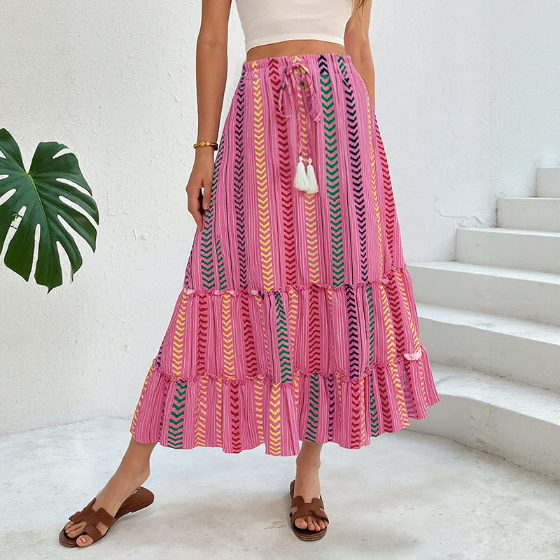 Bohemian Striped Print Skirt Summer Vacation Style Drawstring Tassel Details Lightweight Fabric Wholesale Available
