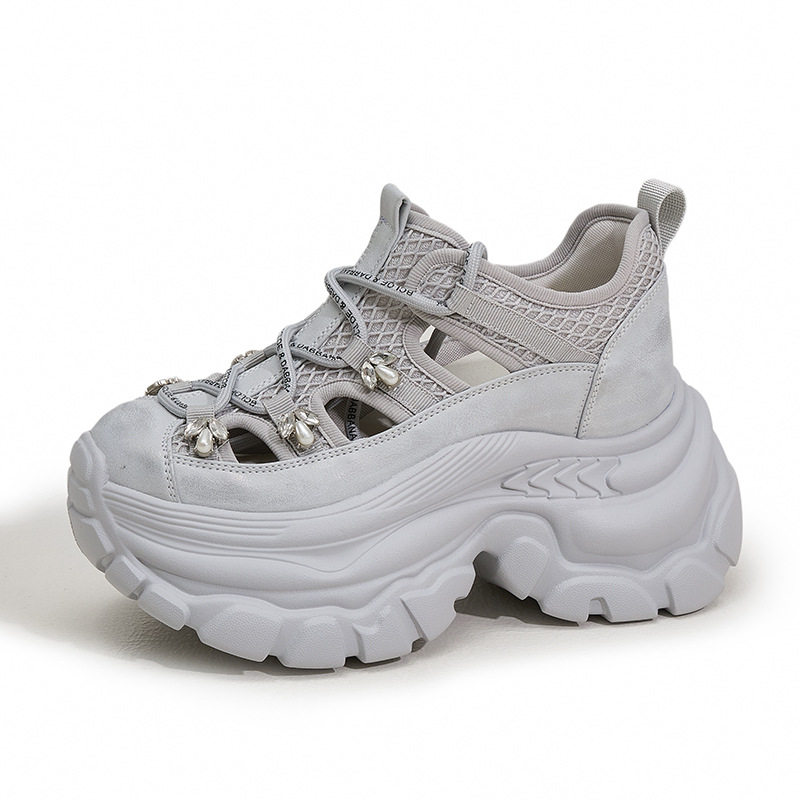 Giày sneaker nữ đế dày chunky phong cách thể thao đa năng, gót 8 cm — Xám, Trắng