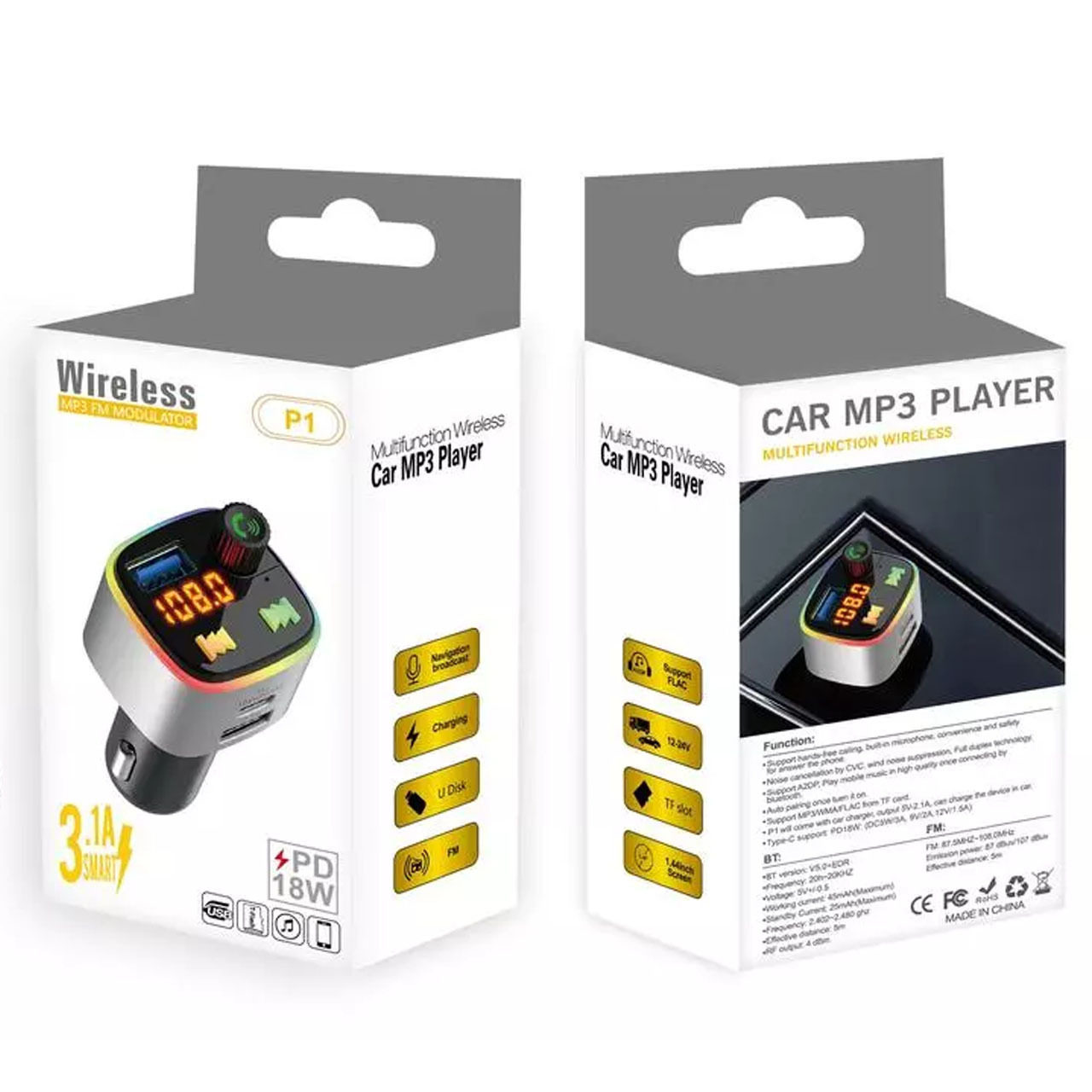 P1 Car Bluetooth PD Fast Charge Hands-Free Bluetooth Mobile Phone Charger FM FM MP3 Player Car Charge