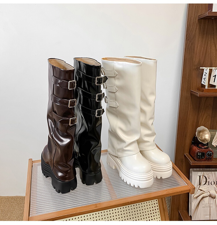 Boot nữ cổ cao ôm bắp chân da bò đế dày tôn dáng — Lớp lót đơn màu nâu 12cm, Lớp lót đơn màu nâu 15cm, Lớp lót đơn màu trắng nhạt 12cm, Lớp lót đơn màu trắng nhạt 15cm