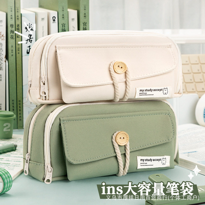 Button Pencil Case High-value Girls Large Capacity Simple Ins Student Creative Canvas Stationery Bag Pencil Stationery Box